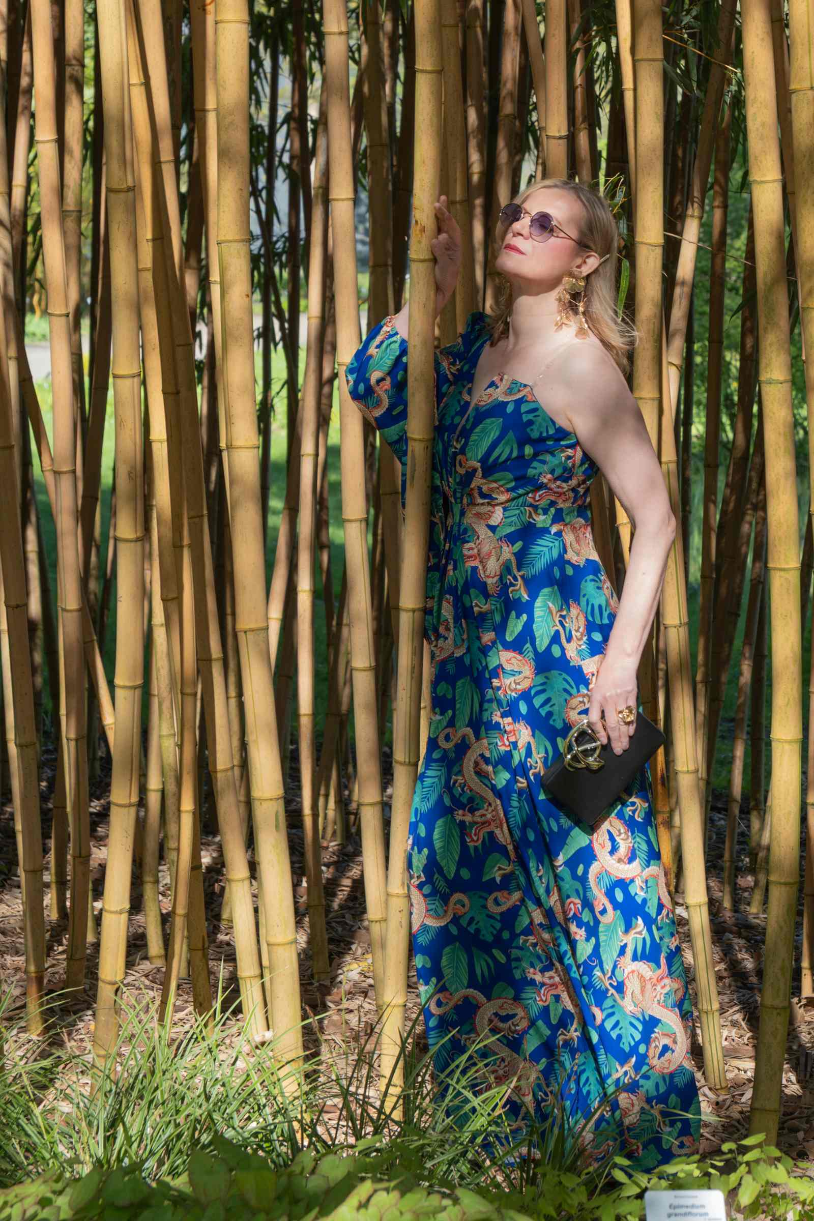 Frau im blauen Kleid zwischen Bambus